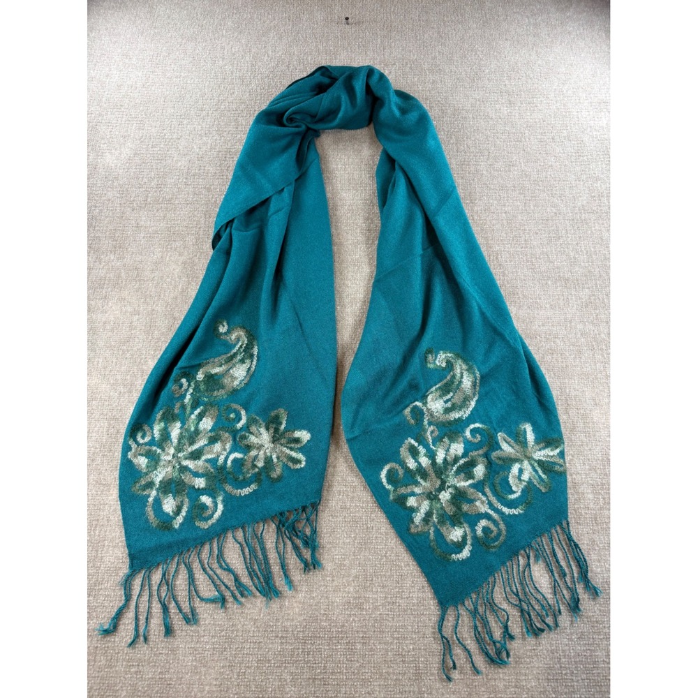 Coldwater Creek Teal Blue Floral Paisley Needle Felted Wrap Scarf Fringe Trim